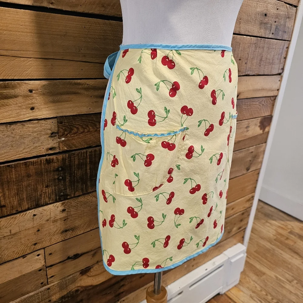 Retro Yellow Cotton Half Apron w/ Cherry Design